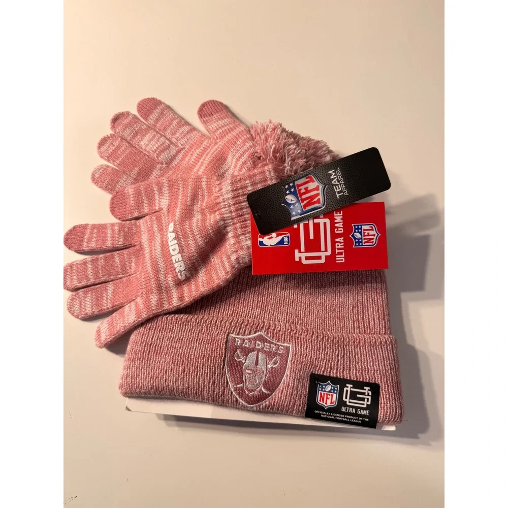 Pink & white raiders NFL hat and glove set with Pom Pom that is removable